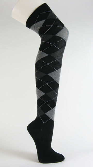 Black with charcoal gray socks over knee argyle